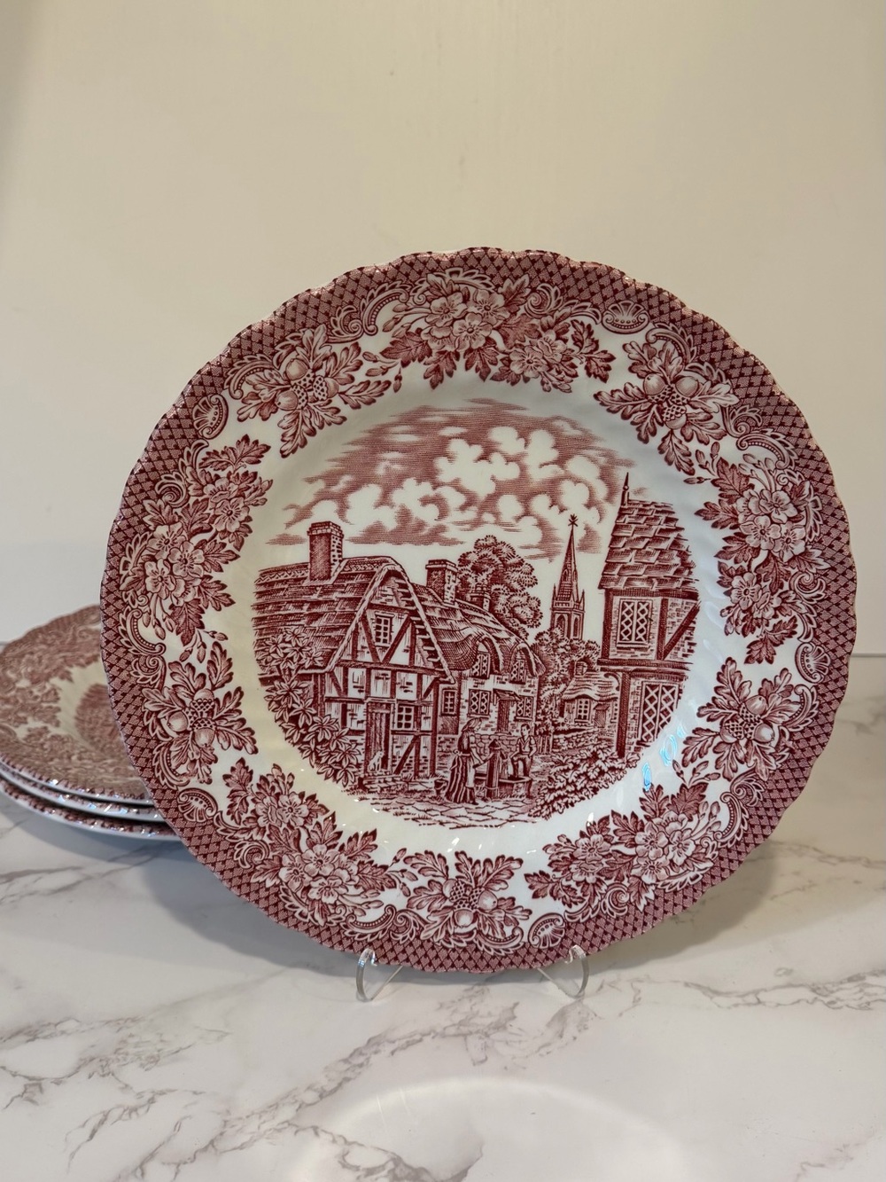 Vintage Merrie Olde England Ironstone Dinner Plate Set of 4 Red Transferware 10”